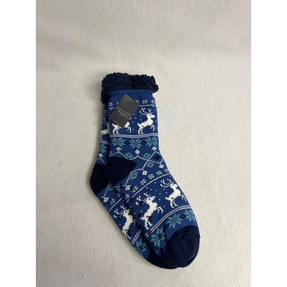 Cozy Holiday Winter Ella & Joy Womens 9-11 Blue Reindeer Sherpa Bootie Socks